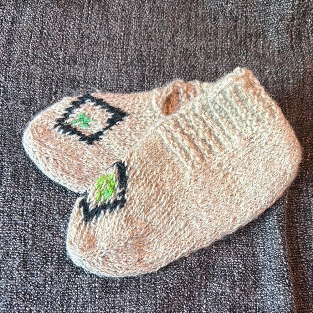 Handmade Knit Organic Wool Slipper with Green Accents